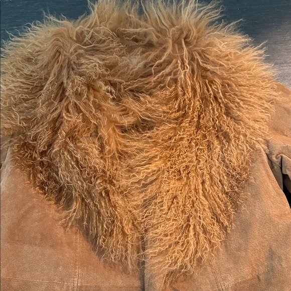 Tan Suede Coat with Mongolian Fur Collar - Picture 6 of 9